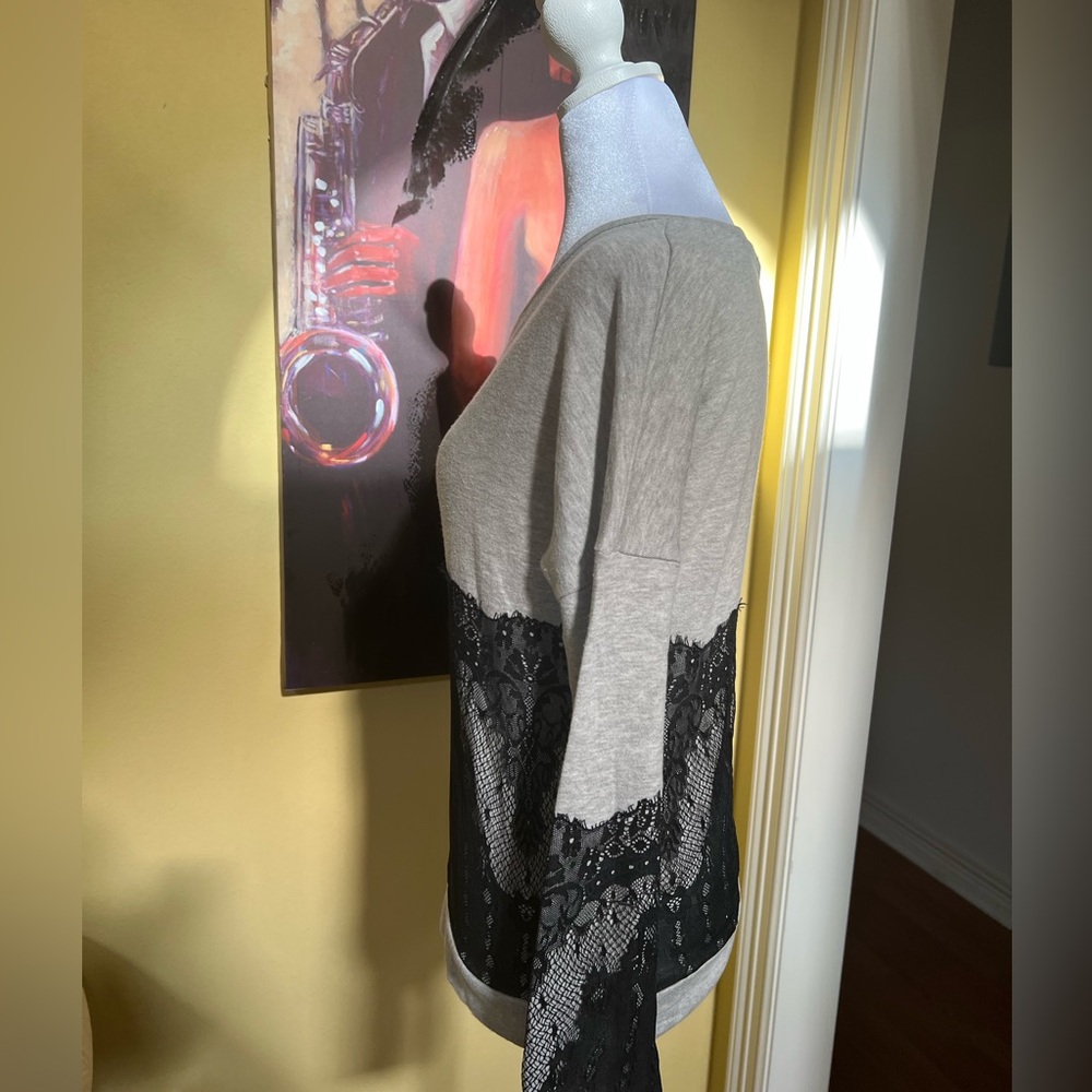 Gray Sweatshirt with Black Lace Overlay